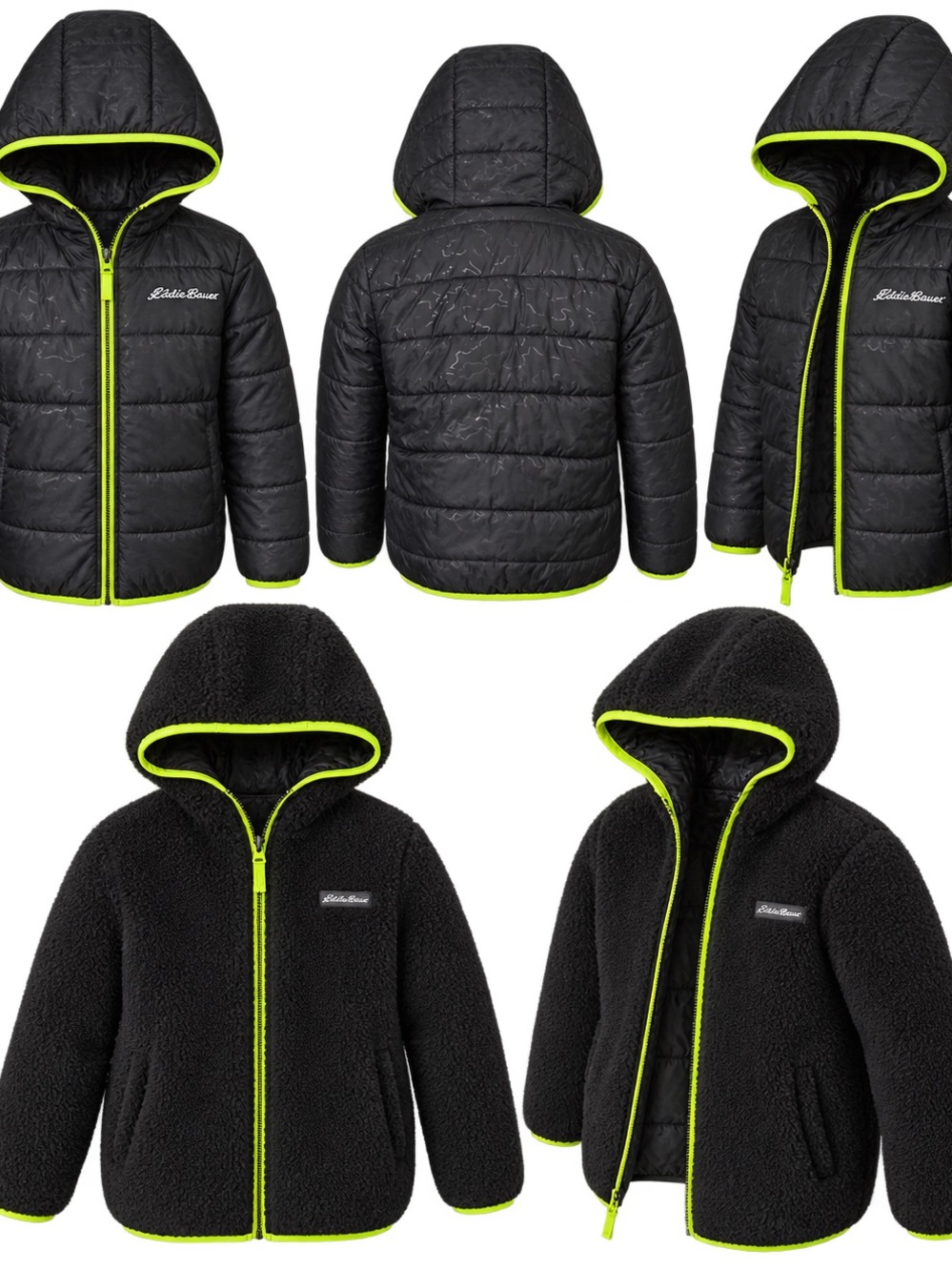 Eddie Bauer Black Reversible Puffer & Sherpa Jacket with Neon Green Trim